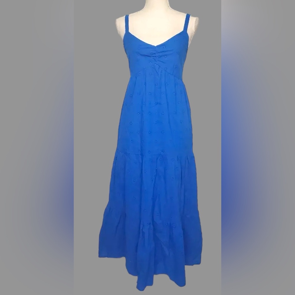 Ophelia Roe Royal Blue Eyelet Tiered beach Cotton Sundress dress Womens L